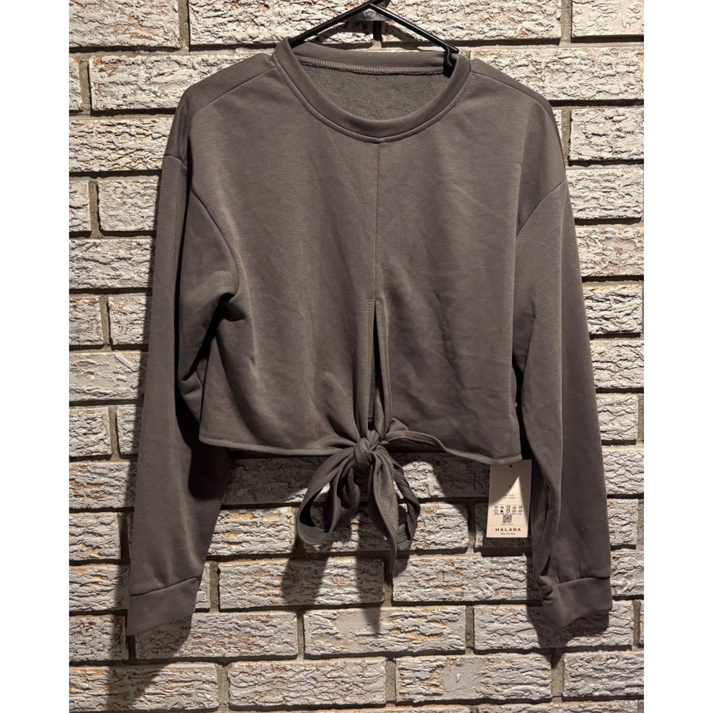 Halara Women Small Gray Front Tie Cropped Sweatshirt Long Sleeve Crew Neck NWT